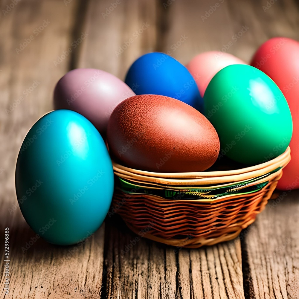 Easter eggs in a tatch basket on a wooden table - IA generativa Easter eggs in a tatch basket on a wooden table - IA generativa