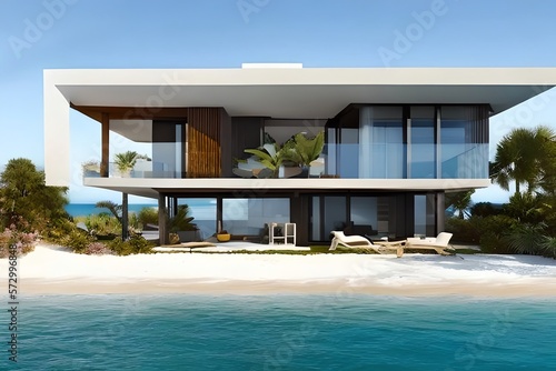 Small Luxury Modern Beach House. Beach House. Modern Architecture. Villa By The Sea. Generative AI © Pixel Matrix