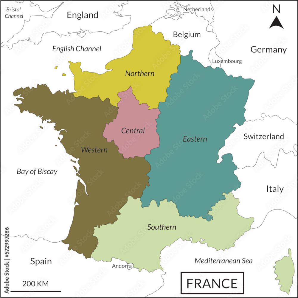 

France (French) map with multicolor division 5 regions include border countries, Italy, Belgium, Switzerland, England, Luxembourg, Andorra, Spain, Germany, English Channel, Mediterranean Sea 
