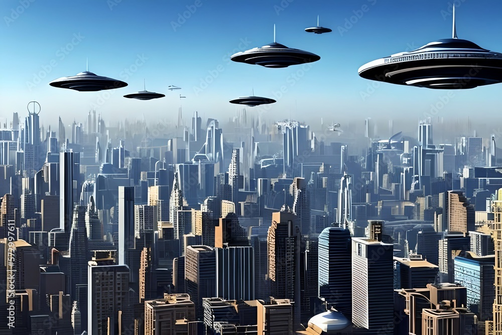 Ufo Armada Over Downtown. Giant Alien Spaceships Over The City. Ufo