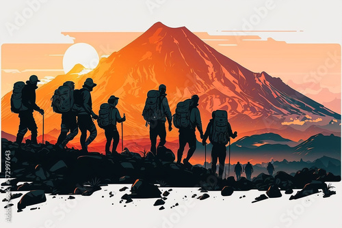 a group of people doing hiking to far mountain and volcano. Generative AI 