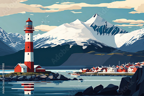 Ushuaia, the southernmost city in the world. The iconic red and white lighthouse, the snow-capped peaks of the Andes and tranquil Beagle Channel in the distance. generative ai