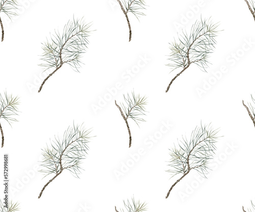 Wallpaper Mural Pattern with pine branch. Botanical natural forest theme. Watercolor isolated illustration on white background. Seamless pattern, an illustration for postcards, posters, textile design and other. Torontodigital.ca