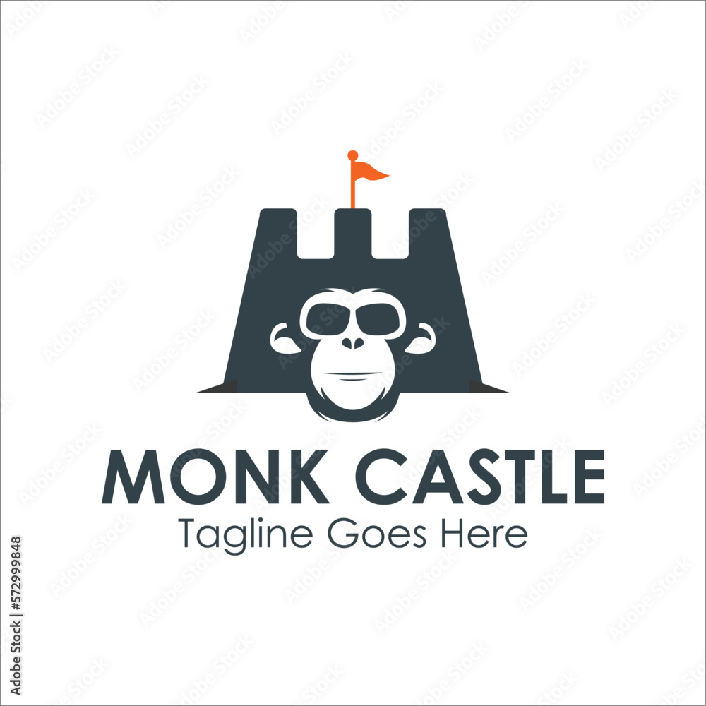 Monkey Castle Logo Design Template with monk icon and castle. Perfect for business, company, mobile, app, etc Monkey Castle Logo Design Template with monk icon and castle. Perfect for business, company, mobile, app, etc