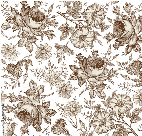 Wallpaper Mural Seamless pattern. Chamomile Daisies Roses wildflowers. Beautiful blooming realistic isolated flowers Vintage background fabric Wallpaper baroque. Drawing engraving sketch Vector victorian illustration Torontodigital.ca