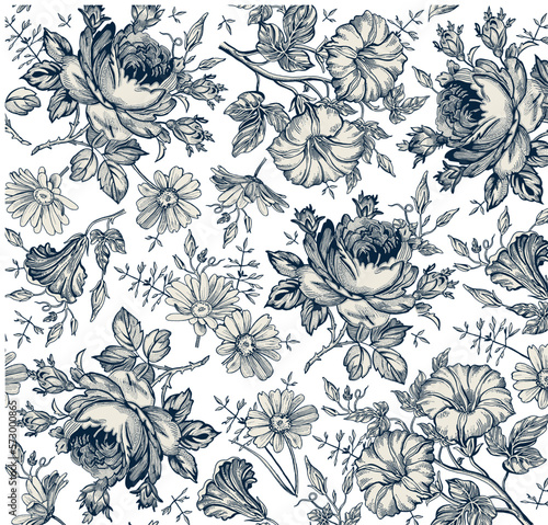 Seamless pattern. Chamomile Daisies Roses wildflowers. Beautiful blooming realistic isolated flowers Vintage background fabric Wallpaper baroque. Drawing engraving sketch Vector victorian illustration © Наталья Лобенко