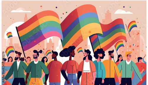 Generative AI A group of people participating in a Pride parade. LGBT community. LGBTQ.Gay