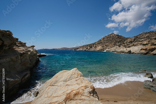 The beautiful turquoise dream sandy beach of Sapounohoma in Ios Greece