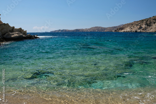 Fototapeta Naklejka Na Ścianę i Meble -  The beautiful turquoise sandy beach of Sapounohoma in Ios Greece