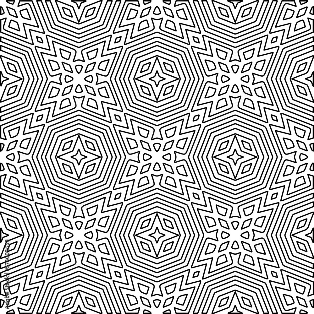 Monochrome ornamental texture with smooth linear shapes, zigzag lines, lace pattern.Abstract geometric black and white pattern for web page, textures, card, poster, fabric, textile. Monochrome ornamental texture with smooth linear shapes, zigzag lines, lace pattern.Abstract geometric black and white pattern for web page, textures, card, poster, fabric, textile.