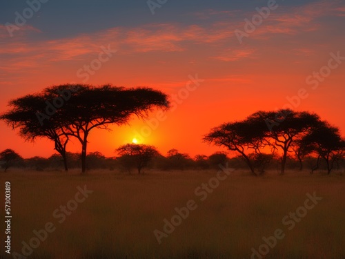 sunrise over the savanna gras fields in central kruger national park in south africa