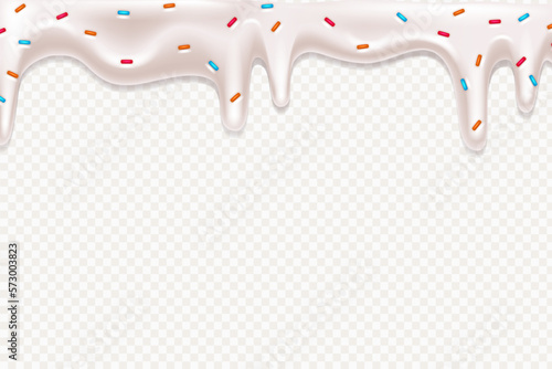Realistic drip cream drops melt drops with sprinkles. Melted white sweet liquid splashes, glossy cream border with dripping droplets. Seamless pattern. 3d realistic vector
