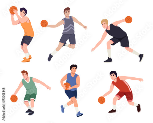 Basketball player. Men playing  guys jumping with ball  muscular basketball players in different playing positions.