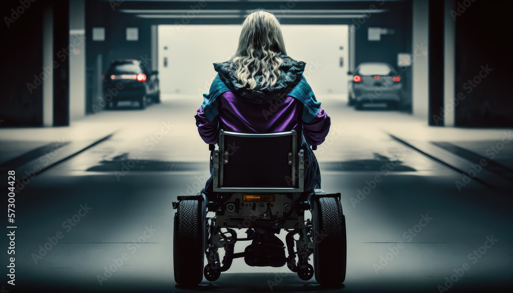 Obraz premium a disabled person in a motorized wheelchair rides on the road. concept of support for people with disabilities. generative AI