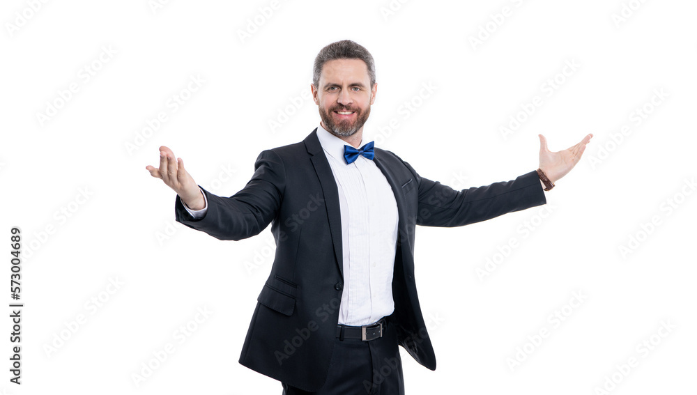 happy man in tuxedo welcoming isolated on white background. tuxedo man in studio. happy man in tuxedo welcoming isolated on white background. tuxedo man in studio.