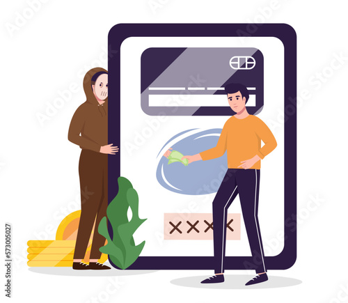 Phone scam concept. Scamming people to get their money. Financial phishing warning. Fraud signs and prevention vector poster.