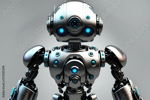 Robotic android, stainless steel image, blue eyes averting gaze. Generative AI