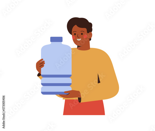 Man holds a big bottle of water. Male person working in Delivery of clean aqua at home. Volunteer Donates drinking water for charitable. Vector illustration