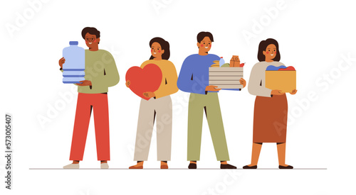 Multicultural people hold donation items: clothing, water, food. Men and women give things and products for charitable. Support and care concept. Vector illustration