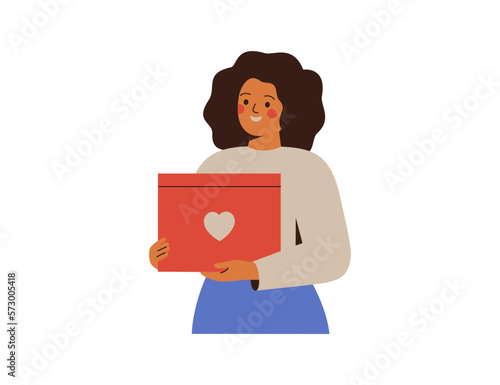 Woman hold donation box with heart symbol. Female Volunteer with Humanitarian help for Charity. Support and care concept. Vector illustration
