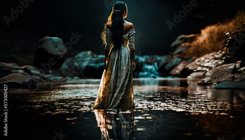 A woman in a beautiful evening gold dress on big stones background. Generative AI