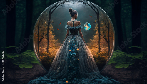 A girl in a beautiful evening long dress on beautiful glowing crystal bubble background in forest. Generative AI