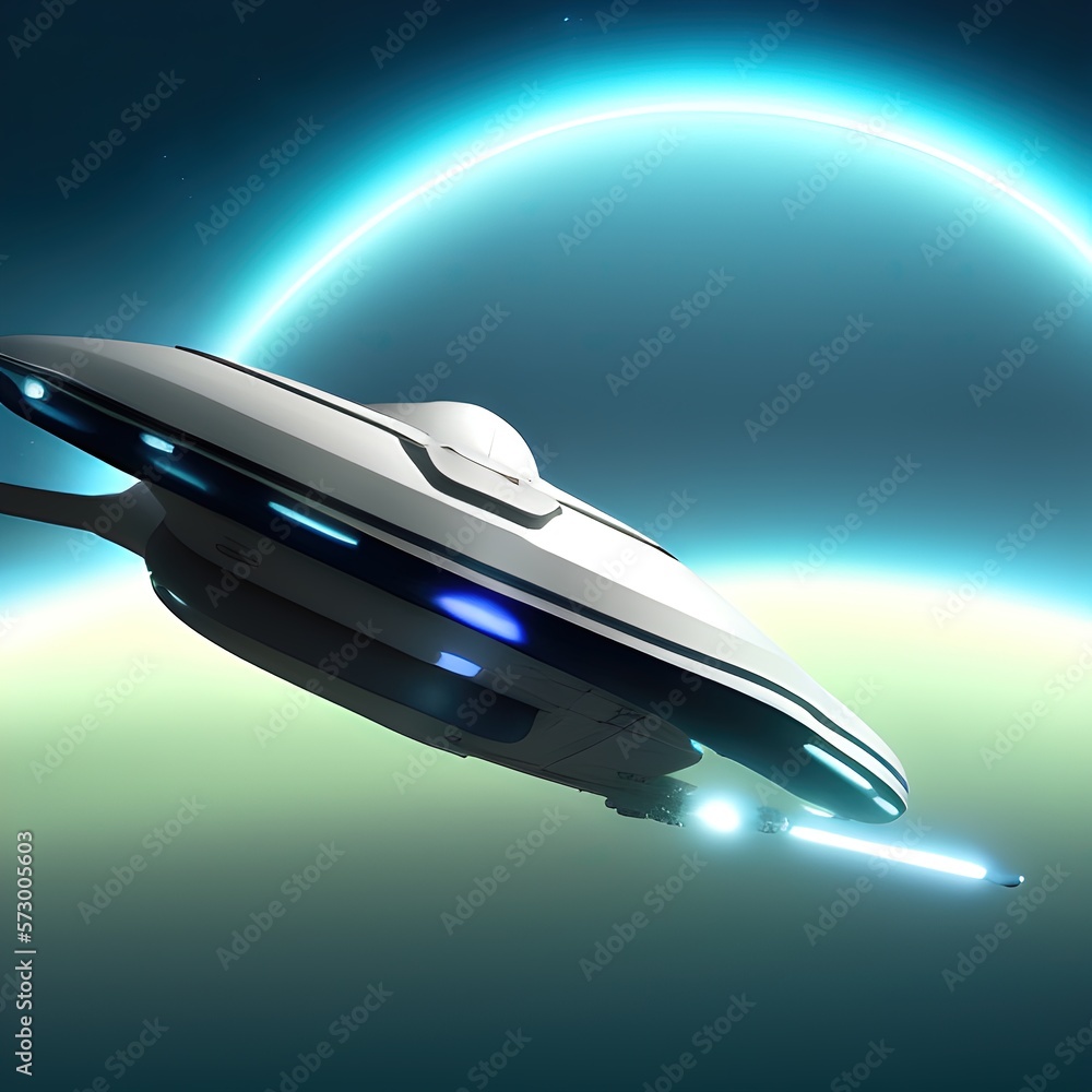 Spaceship flying and alien planet in space - generative ai Spaceship flying and alien planet in space - generative ai