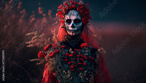A woman wears a mask on face with red flowers in hands in desert background. Generative AI