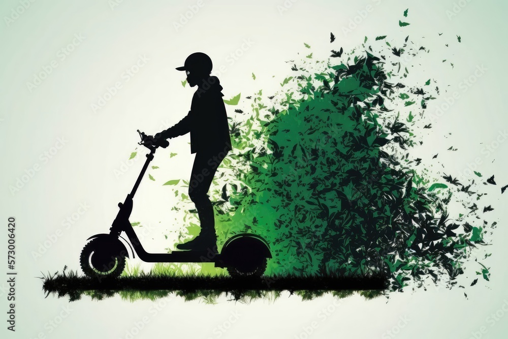 Silhouette of person riding electric scooter. Generative AI Silhouette of person riding electric scooter. Generative AI