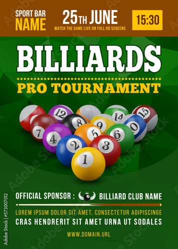 Pool billiards tournament poster with 3d realistic billiards balls. Competition game advertising. Sport event announcement. Place your text and emblems. Vector illustration