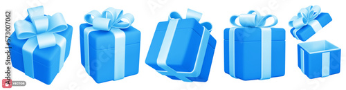 Set of 3d blue gift boxes with cute bow. Open and closed. Holiday design element for birthday, wedding, advertising banner of sale and other life events. Vector realistic illustration