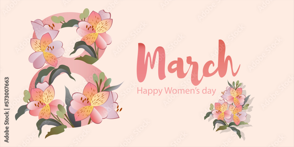 International Women's Day. Banner, flyer for March 8 decorating by paper flowers and hand drawn lettering. Congratulating and wishing happy holiday card for newsletter, brochures, postcards. International Women's Day. Banner, flyer for March 8 decorating by paper flowers and hand drawn lettering. Congratulating and wishing happy holiday card for newsletter, brochures, postcards.