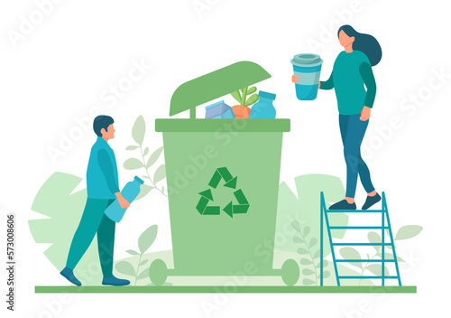 Set of sustainable lifestyle. People reducing food waste and throwing away . Zero waste concept