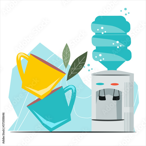 Water cooler and cups for bottled drinking water delivery and transportation service, flat vector illustration isolated on white background.