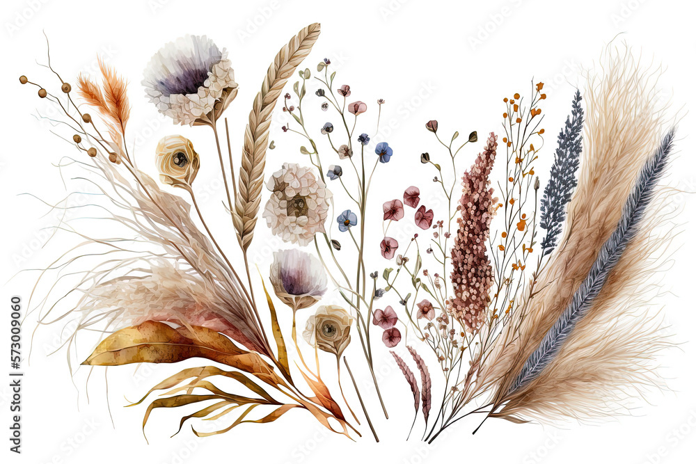 Dried wildflowers set on isolated white background. Herbal botanic set of  dried florals. Stock Illustration