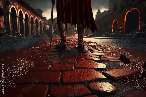 Generative ai roman soldier standing in a bloody road © Ramy