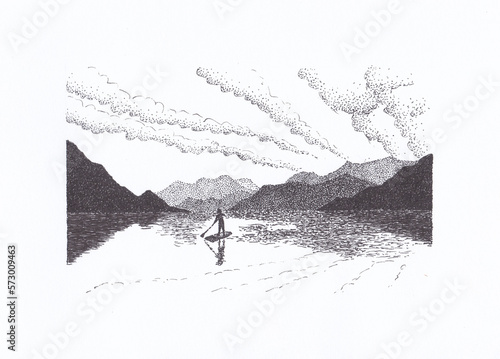 Pen and ink drawing of a stand up paddle boarder on a lake