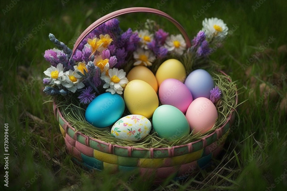 A basket full of brightly colored Easter eggs nestled among purple flowers and green grass, Easter decoration, generative ai