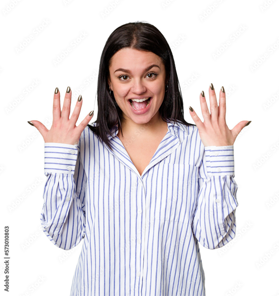Young caucasian woman isolated showing number ten with hands. Young caucasian woman isolated showing number ten with hands.