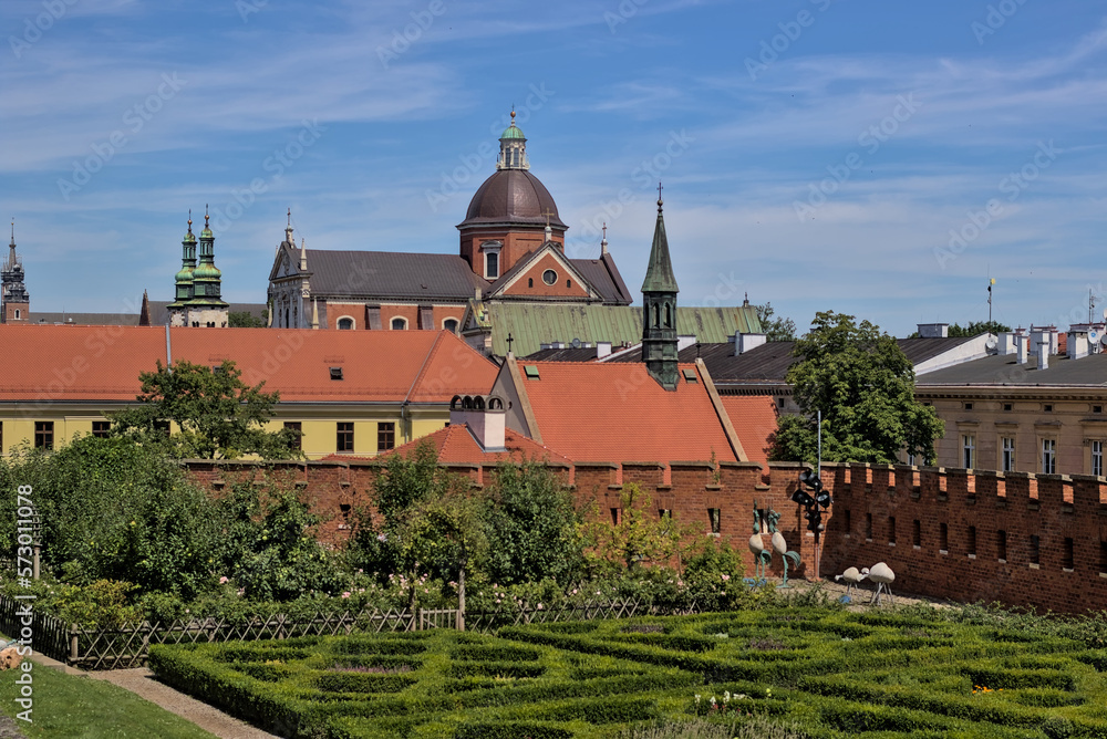 Krakow, Poland - Renaissance Royal Garden in the courtyard of Wawel Castle. A tourist attraction known for its magnificent flower beds and paths on the inner terrace.