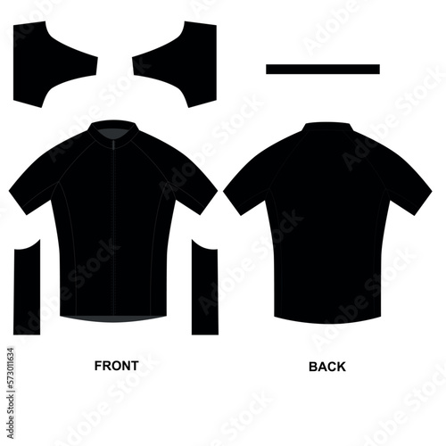 Technical vector drawing of a black jersey cycling jersey with sleeve cut details.
Bicycle jersey front and back view, vector. Short sleeve zip sweatshirt template for cycling.