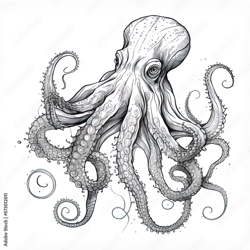 Detailed hand drawn cartoon octopus character on isolated background