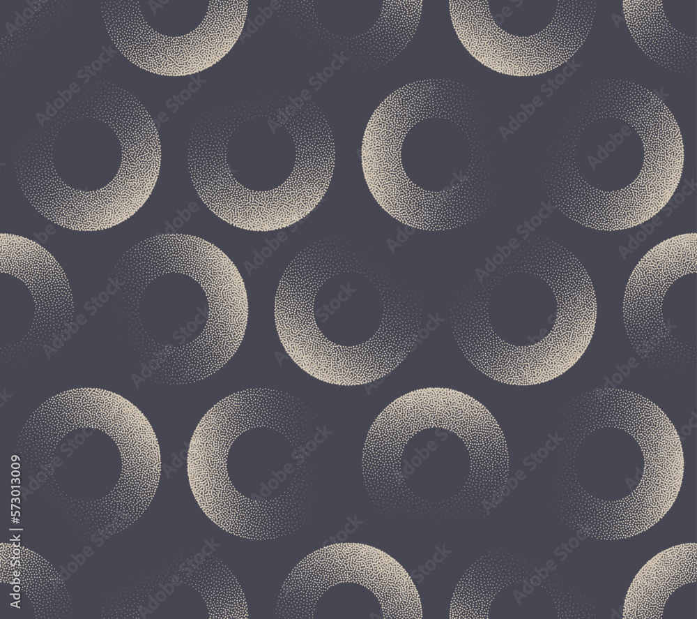 Cool Circles Modern Trendy Seamless Pattern Vector Dot Work Abstract Background. Fashionable 50s 60s 70s Retro Style Textile Repetitive Print. Endless Graphic Gray Wallpaper. Halftone Art Illustration