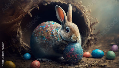 Easter bunny and easter eggs created with generative ai photo