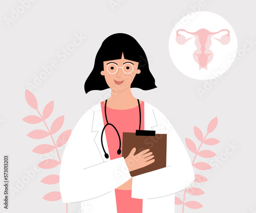 Gynecologist.  A young doctor in a medical gown and a picture of the female reproductive organs. Consultation with a gynecologist and reproductive specialist. Women's health and pregnancy medicine