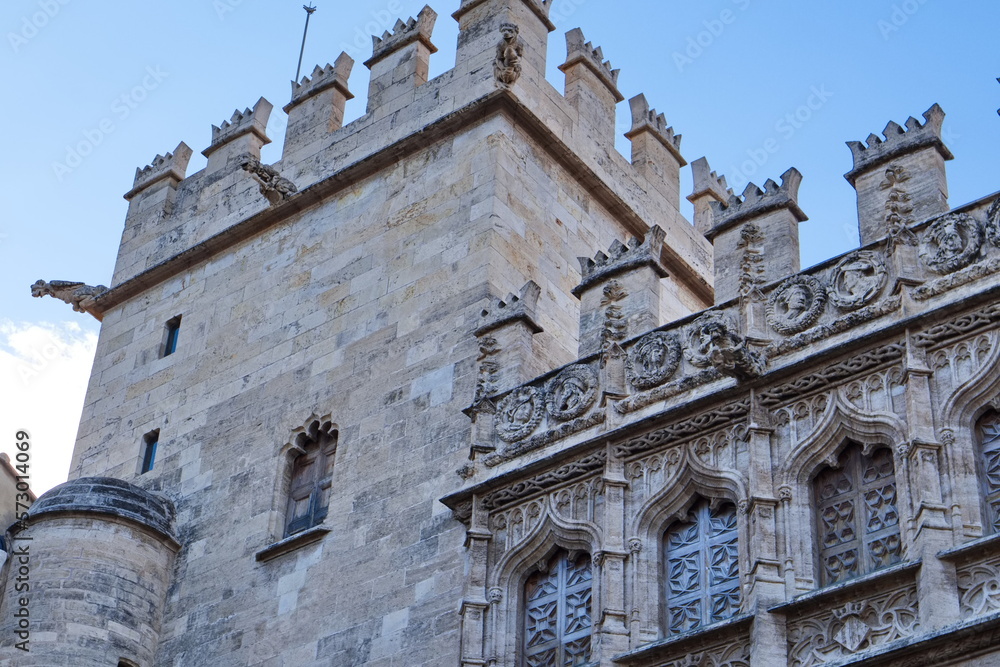 Interior facade of the Lonja de la Seda in Valencia in Gothic style with gargoyles