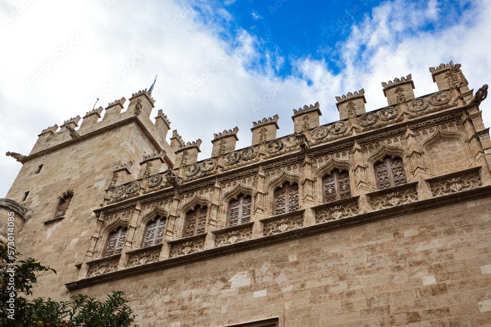 Interior facade of the Lonja de la Seda in Valencia in Gothic style with gargoyles
