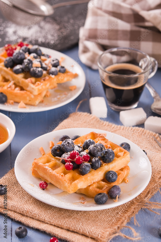 Waffles with red currant and blueberries on white dish. Waffles with red currant and blueberries on white dish.