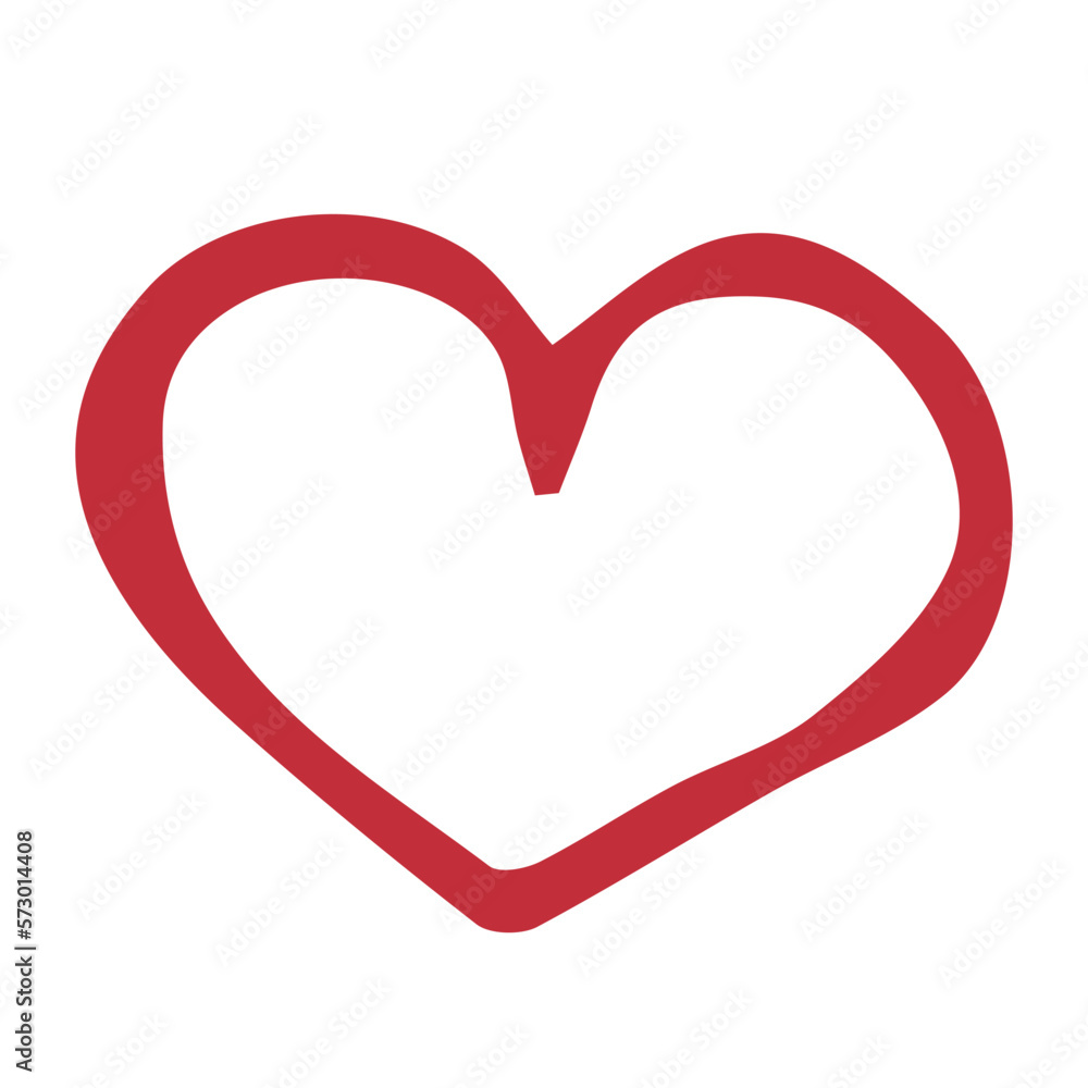 Red heart outline hand drawn, flat vector, isolate on white, not perfectly drawn heart