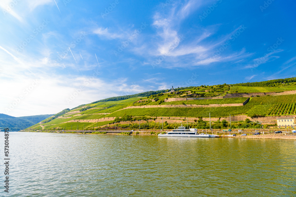 Touristic cruise passenger motor ship boat and vineyards in Ruedesheim am Rhein Rhine, Rudesheim, Rheingau-Taunus-Kreis, Darmstadt, Hessen, Germany
